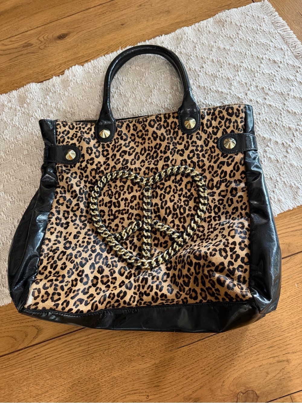 Betsey Johnson Leopard Print Tote with Black Trim & Gold Rope Heart